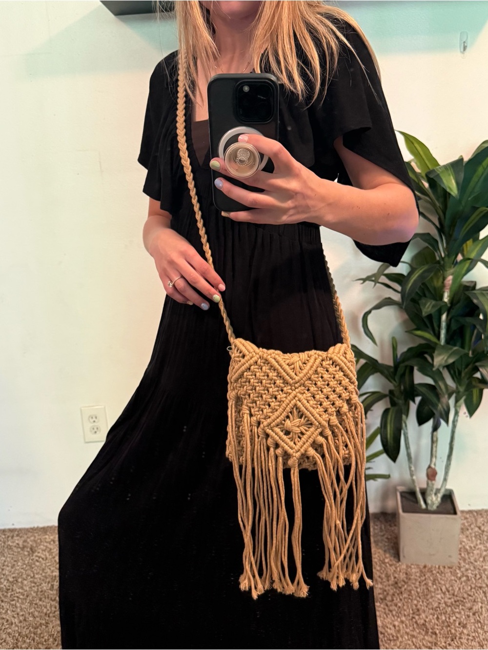 Three Bird Nest Tan Macramé Fringe Crossbody Bag